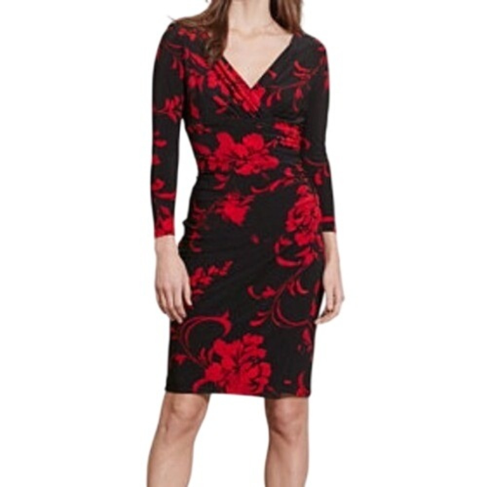 Lauren Ralph Lauren Womens 10 Black Red Floral Long Sleeve V Neck Midi Dress